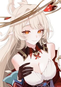 1girl absurdres alice_(genshin_impact) black_gloves blonde_hair breasts cleavage closed_mouth commentary_request cowlick detached_collar detached_sleeves dress elf gaohuang43450 gem genshin_impact gloves hair_between_eyes highres jewelry long_hair pointy_ears red_dress red_sleeves side_ahoge smile upper_body very_long_hair