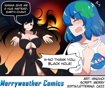 Rule 34 | 2girls, artist name, bare shoulders, black dress, black hair, black sclera, blackhole-chan, blush, breasts, cleavage, clenched hands, collarbone, colored sclera, dress, earth-chan, english text, flying sweatdrops, foreshortening, green hair, hands up, highres, hinghoi, large breasts, logo, long hair, m87 black hole, merryweather, merryweather media, multicolored hair, multiple girls, nasa logo, no bra, open mouth, orange eyes, original, personification, real life insert, speech bubble, two-tone hair, upper body