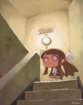 1girl 2000 archived_source artist_name black_dress blunt_bangs bow brown_hair chibi chibi_only closed_mouth commentary dress english_commentary expressionless full_body indoors layered_dress legs_apart long_hair long_sidelocks long_sleeves looking_at_viewer low_twintails lowres no_sclera original pink_eyes ruby-ko sidelocks simple_background solid_circle_eyes stairs standing tanaka_kunihiko twintails white_bow white_dress white_sleeves yellow_background