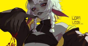 1girl aegyo_sal animal_request artist_self-insert black_eyeshadow black_gloves black_jacket bleeding blood blue_eyeshadow blunt_bangs body_freckles braid colored_tips double-parted_bangs eyeshadow fingernails freckles from_behind gloves grin hand_up head_tilt horns jacket jacket_partially_removed long_fingernails looking_at_viewer makeup multicolored_hair original pointy_ears red_eyes reverse_outfit sharp_teeth shoulder_freckles simple_background smile solo sports_bra striped_clothes striped_jacket teeth upper_body white_hair wormudon yellow_background zipper