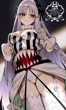 Rule 34 | 1girl, bare shoulders, black bow, black eyes, blush, bow, braid, breasts, cleavage, clothes lift, collar, commentary request, detached sleeves, dress, fate/strange fake, fate (series), francesca prelati (fate), frilled collar, frills, garter straps, grey hair, hair bow, highres, kabosoi mangaka, long hair, looking at viewer, medium breasts, panties, parted bangs, ringed eyes, sidelocks, smile, solo, stomach mouth, striped clothes, striped dress, teeth, thighhighs, thighs, underwear, very long hair, white dress, white panties, white thighhighs