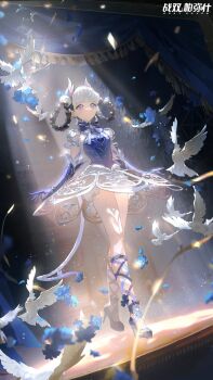 1girl bambinata:_vitrum_(dreamland_waltz)_(pgr) bambinata_(pgr) bird black_hair blue_eyes blue_flower blue_petals braid braided_hair_rings chinese_commentary closed_mouth commentary_request confetti copyright_name curtains earrings elbow_gloves falling_flower falling_petals flower full_body gloves hair_rings high_heels highres jewelry looking_up multicolored_hair official_art petals punishing:_gray_raven purple_gloves short_hair skirt smile solo stage stage_lights standing standing_on_one_leg tail two-tone_hair white_hair wing_ornament