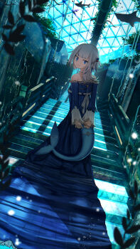 1girl absurdres advarcher arms_behind_back bare_shoulders blue_dress blue_eyes blue_hair blunt_bangs breasts ceiling chromatic_aberration commentary dress dutch_angle film_grain fins fish fish_tail foliage from_behind gawr_gura glass_ceiling hair_ornament highres hololive hololive_english indoors light_smile long_hair long_sleeves looking_at_viewer looking_back looking_down multicolored_hair off-shoulder_dress off_shoulder on_stairs own_hands_together plant ribbon ribbon-trimmed_dress ribbon_trim ruins scenery shadow shark shark_girl shark_hair_ornament shark_tail skylight small_breasts smile solo standing streaked_hair tail train_(clothing) two-tone_hair two_side_up underwater v_arms vines virtual_youtuber white_hair white_ribbon