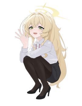 1girl absurdres black_pantyhose black_shoes black_skirt blonde_hair blue_archive collared_shirt commentary_request fluffy_hair full_body green_eyes halo hand_up high_heels highres long_hair long_sleeves looking_at_viewer mandara3a miniskirt open_hand open_mouth pantyhose pencil_skirt ponytail professor_niyaniya_(blue_archive) professor_niyaniya_(teacher)_(blue_archive) shirt shoes side_ahoge simple_background skirt solo squatting white_background white_shirt yellow_halo