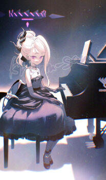 1girl adversarial_noise artist_name bare_shoulders black_halo blue_archive closed_mouth dress elbow_gloves from_side full_body gloves grand_piano halo hina_(blue_archive) hina_(dress)_(blue_archive) instrument jewelry long_hair looking_at_viewer looking_to_the_side necklace official_alternate_costume ouri_(aya_pine) pendant piano purple_dress purple_eyes purple_gloves sitting solo strapless strapless_dress white_hair