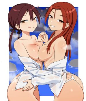 2girls :q absurdres breast_press brown_eyes brown_hair clenched_teeth collarbone gertrud_barkhorn heart highres holding_hands long_hair looking_at_viewer minna-dietlinde_wilcke multiple_girls no_pants panties peps_art red_eyes red_hair see-through_clothes shirt_partially_removed short_twintails strike_witches symmetrical_docking teeth tongue tongue_out twintails underwear wet white_panties world_witches_series