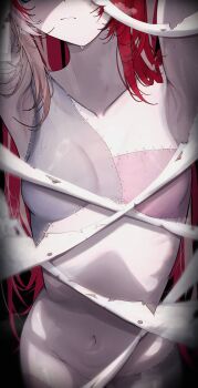 1girl absurdres armpits arms_up bandages breasts closed_mouth colored_skin getto grey_hair grey_skin hair_down head_out_of_frame highres hololive hololive_indonesia kureiji_ollie long_hair multicolored_hair naked_bandage navel patchwork_skin pink_hair red_hair scar scar_on_face small_breasts solo stitched_arm stitched_face stitched_torso stitches stomach virtual_youtuber zombie