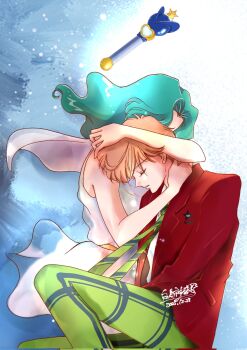 Rule 34 | 2girls, aqua hair, arms around neck, bishoujo senshi sailor moon, blonde hair, closed eyes, commentary request, cowboy shot, crossdressing, crossdressing (ftm), dated, dress, green necktie, green pants, hair between eyes, highres, jacket, kaiou michiru, kamui1201, long hair, multiple girls, necktie, pants, parted bangs, plaid clothes, plaid pants, red jacket, school uniform, shirt, short hair, sleeveless, sleeveless dress, suit jacket, ten'ou haruka, upper body, wavy hair, white dress, white shirt, yuri