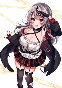 :d arm_up armpits bare_shoulders belt black_choker black_gloves black_hair breasts caution_tape choker cleavage commentary fang fingerless_gloves frills gloves grey_hair hair_ornament heart heart_choker highres hololive large_breasts light_blush long_hair long_sleeves looking_at_viewer multicolored_hair nail_polish open_mouth red_eyes red_nails reianly sakamata_chloe sakamata_chloe_(1st_costume) simple_background skirt smile thighhighs virtual_youtuber x_hair_ornament