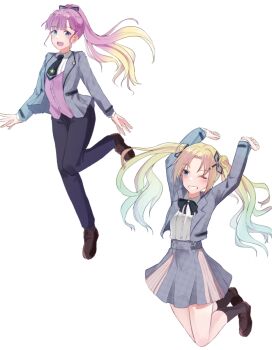 Rule 34 | 2girls, 3rd live tour try tri unity!!!, :d, ;d, anyoji hime, black necktie, black pants, black ribbon, black socks, blazer, blonde hair, blue eyes, blue hair, blunt bangs, brown shoes, burasuko, collared shirt, commentary request, double bun, dress shirt, gradient hair, grey jacket, grin, hair bun, hair intakes, hair ribbon, jacket, josho kiryu (love live!), light blue hair, link! like! love live!, loafers, long hair, long sleeves, love live!, miniskirt, multicolored hair, multiple girls, neck ribbon, necktie, official alternate costume, official alternate hairstyle, one eye closed, open clothes, open jacket, open mouth, osawa rurino, pants, parted bangs, pink hair, pleated skirt, ponytail, ribbon, shirt, shoes, short necktie, sidelocks, simple background, skirt, smile, socks, swept bangs, twintails, very long hair, virtual youtuber, white background, white shirt