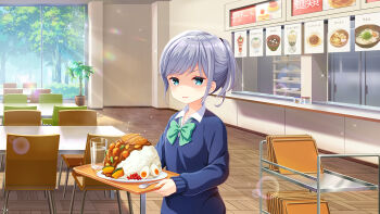 Rule 34 | 1girl, :o, annoyed, blue eyes, blue sweater, bow, breasts, cafeteria, curry, day, food, girlfriend (kari), glass, green skirt, grey hair, indoors, medium hair, official art, open mouth, plaid clothes, plaid skirt, plate, pleated skirt, ponytail, qp:flapper, school, school uniform, shirt, shoes, skirt, small breasts, socks, solo, spoon, standing, sweater, table, tagme, thighhighs, tsukiguma rinko, water, white shirt, window