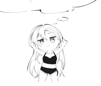 1girl arms_up bare_shoulders breasts cleavage earrings feint721 greyscale jewelry long_hair medium_breasts monochrome navel original rin_(qiandaiyiyu) simple_background sketch solo white_background