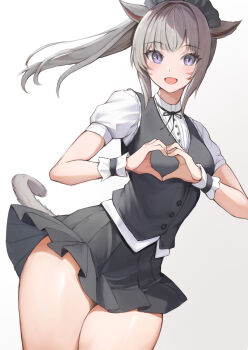Rule 34 | 1girl, animal ears, black hairband, black ribbon, blush, cat ears, cat girl, cat tail, commission, cowboy shot, facial mark, final fantasy, final fantasy xiv, frilled hairband, frilled wristband, frills, gradient background, grey eyes, grey hair, grey skirt, grey tail, grey vest, hairband, heart, heart hands, highres, long hair, looking at viewer, miqo'te, neck ribbon, open mouth, pleated skirt, puffy short sleeves, puffy sleeves, ribbon, short sleeves, sidelocks, simple background, skeb commission, skirt, slit pupils, solo, tail, thighs, torisanff14, vest, warrior of light (ff14), whisker markings