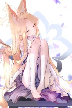 1girl animal_ear_fluff animal_ears blonde_hair blue_archive blush brushing_hair closed_mouth commentary_request dress fox_ears fox_tail full_body halo highres holding holding_brush long_hair looking_at_viewer pantyhose partial_commentary pink_eyes sakurano_rocco seia_(blue_archive) sitting smile solo_focus striped_clothes striped_pantyhose tail very_long_hair white_dress white_pantyhose white_sleeves yellow_halo