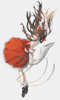 Rule 34 | 1girl, arm up, ascot, between fingers, black shoes, bow, brown hair, chest sarashi, collared shirt, cropped shirt, detached sleeves, expressionless, fire, floating clothes, floating hair, frilled bow, frilled hair tubes, frilled skirt, frills, from side, full body, gohei, grey background, hair bow, hair floating upwards, hair tubes, hakurei reimu, highres, holding, holding gohei, holding ofuda, long hair, long sidelocks, long sleeves, looking at viewer, looking to the side, midriff, ofuda, ofuda between fingers, parted lips, red bow, red eyes, red shirt, red skirt, ribbon-trimmed skirt, ribbon-trimmed sleeves, ribbon trim, sarashi, shirt, shoes, sidelocks, simple background, skirt, skirt set, sleeveless, sleeveless shirt, socks, solo, touhou, white sleeves, white socks, wide sleeves, yamiiv, yellow ascot
