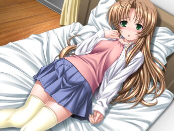 1girl bed blush brown_hair casual curtains game_cg green_eyes higuchi_isami kusunoki_sae long_hair lying mahou_shoujo_sae non-web_source official_art on_back open_clothes open_mouth open_shirt pillow shirt skirt solo thighhighs variant_set yellow_thighhighs zettai_ryouiki