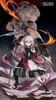 2boys aether_gazer animal_print bell bird_print black_boots black_bridal_gauntlets boots bridal_gauntlets character_request colored_tips copyright_logo copyright_notice crossed_bangs flaming_eye grey_hair hair_between_eyes highres holding holding_sword holding_weapon logo multicolored_hair multiple_boys obi obijime open-toe_boots pink_hair purple_eyes red_eyes sash second-party_source single_bridal_gauntlet srro_yo sword weapon