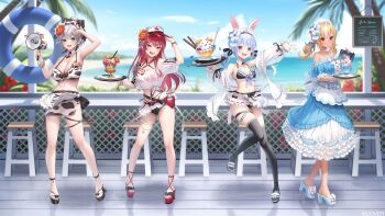 4girls :d absurdres animal_ears animal_print apron arm_up armpits artist_request bare_shoulders beach bell belt bikini bikini_skirt black_belt black_bikini black_shoes blonde_hair blue_dress blue_hair blue_shoes blue_sky blurry blurry_background bracelet breasts center_frills cleavage cloud commentary_request contrapposto cow_print cow_print_bikini cowbell criss-cross_halter day detached_collar dokuro-kun_(houshou_marine) double-parted_bangs dress elf english_text extra_ears feet flower frilled_apron frilled_bikini frilled_dress frills full_body green_eyes grey_hair hair_between_eyes hair_bun hair_flower hair_ornament halterneck hand_up heterochromia high_heels highres holding holding_megaphone holding_tray hololive hololive_fantasy horizon houshou_marine houshou_marine_(holonatsu_paradise) jewelry large_breasts layered_dress long_hair looking_at_viewer maid maid_bikini maid_headdress medium_hair megaphone miniskirt mismatched_bikini multi-strapped_bikini_bottom multi-strapped_bikini_top multicolored_hair multiple_girls navel neck_bell off-shoulder_dress off_shoulder official_alternate_costume official_alternate_hair_length official_alternate_hairstyle official_art open_mouth orange_eyes outdoors outstretched_arm platform_heels pointy_ears print_bikini rabbit-shaped_pupils rabbit_ears rabbit_girl red_bikini red_eyes red_hair red_shoes second-party_source shiranui_flare shiranui_flare_(holonatsu_paradise) shirogane_noel shirogane_noel_(holonatsu_paradise) shirt shoes short_hair single_hair_bun skirt sky small_breasts smile standing stomach streaked_hair swimsuit symbol-shaped_pupils t-shirt tied_shirt tray twintails two-tone_hair unconventional_maid usada_pekora usada_pekora_(holonatsu_paradise) virtual_youtuber visor_cap waist_apron white_apron white_hair white_shirt yellow_eyes