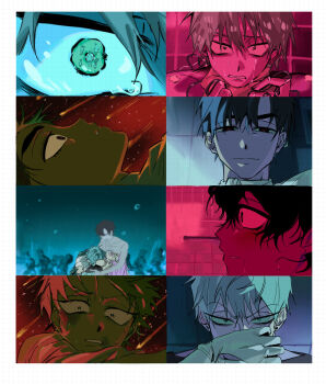 Rule 34 | 1girl, 2boys, alien stage, alternate universe, arcorclynn, black eyes, black hair, border, covering another's mouth, green eyes, grey hair, highres, ivan (alien stage), male focus, meteor shower, mizi (alien stage), multiple boys, red pupils, short hair, till (alien stage), white border