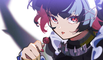 1girl black_hair blurry blurry_background candy close-up colored_inner_hair ellen_joe film_grain fins fish_tail food gin_s hair_ornament hairclip holding holding_candy holding_food holding_lollipop lollipop looking_at_viewer maid mole mole_under_eye multicolored_hair portrait puffy_sleeves red_eyes red_hair red_nails shark_girl shark_tail short_hair simple_background solo tail tongue tongue_out two-tone_hair white_background wrist_cuffs zenless_zone_zero