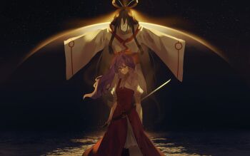 1girl amaterasu_(mythology) black_hair collared_dress dress faceless faceless_female hair_ribbon highres holding holding_sword holding_weapon japanese_clothes light long_hair long_sleeves looking_to_the_side naufaldreamer ponytail puffy_short_sleeves puffy_sleeves purple_hair red_dress reverse_grip ribbon shirt short_sleeves standing star_(sky) summoning sword touhou watatsuki_no_yorihime weapon white_shirt yellow_eyes yellow_ribbon