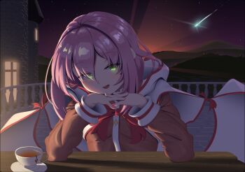 absurdres balcony bow bowtie brown_shirt capelet castle elbow_on_table green_eyes hair_between_eyes highres kaifuku_jutsushi_no_yarinaoshi_~sokushi_mahou_to_skill_copy_no_chouetsu_heal~ looking_at_viewer night night_sky norn_clatalissa_jioral outdoors pink_hair pink_nails red_bow red_bowtie shirt shooting_star short_hair sky tea tenroy