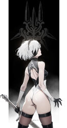 Rule 34 | 1girl, 2b (nier:automata), ass, back cutout, black blindfold, black hairband, black thighhighs, blindfold, boots, breasts, closed mouth, clothing cutout, cowboy shot, crying, elbow gloves, from behind, gloves, gradient background, hairband, headband, highleg, highleg leotard, highres, holding, holding sword, holding weapon, leotard, looking back, nier:automata, nier (series), profile, revision, short hair, siino, simple background, solo, streaming tears, sword, tears, thigh boots, thighhighs, thighhighs under boots, twitter username, two-tone gloves, two-tone leotard, weapon, white hair