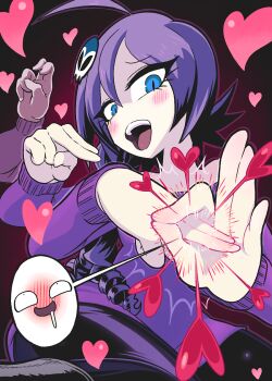 1girl ahegao ahoge bare_shoulders black_pantyhose blue_eyes blush boots borrowed_character braid dress drill_hair eyelashes female_focus gashi-gashi gesture hair_ornament hand_gesture heart highres latex logo long_hair off-shoulder off-shoulder_sweater off_shoulder open_mouth original pantyhose penetration_gesture ponytail purple_hair sexually_suggestive side_ponytail single_braid sitting skull_hair_ornament slit_pupils smile solo speech_bubble sweater sweater_dress very_long_hair zone-tan