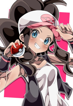 1girl absurdres adjusting_clothes adjusting_headwear baseball_cap black_vest blue_eyes border breasts brown_hair commentary_request grin hat highres hilda_(pokemon) holding holding_poke_ball long_hair looking_at_viewer nintendo open_clothes open_vest outside_border poke_ball poke_ball_(basic) pokemon pokemon_bw shiki_(kisikisi1007) small_breasts smile solo tank_top upper_body vest white_border white_hat white_tank_top wristband