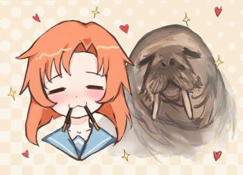 Rule 34 | 1girl, = =, animal, blush, brown background, commentary, dot nose, english commentary, food, food in mouth, heart, higurashi no naku koro ni, kneepaw, medium hair, orange hair, parted bangs, pocky, pocky in mouth, ryuuguu rena, sparkle, tusks, walrus