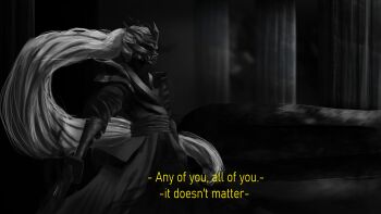 1boy absurdres black_robe black_tunic breadlordthemighty caption commentary covered_face english_commentary english_text greyscale high_ponytail highres horns incredibly_absurdres long_hair male_focus mask monochrome official_alternate_costume outstretched_arms ponytail robe shadow_slave solo source_quote sunny_(shadow_slave) tunic very_long_hair white_hair