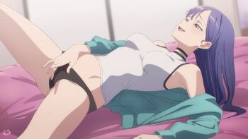 1girl aqua_jacket armpit_crease armpits artist_logo bed bedroom blue_hair blurry blurry_background breasts commentary fusuma green_eyes half-closed_eyes high_collar highres indoors jacket keihh logo long_hair long_sleeves masturbation masturbation_through_clothes medium_breasts naughty_face on_bed open_clothes open_jacket oumaki_towasa paid_reward_available panties shirt sleeveless sleeveless_shirt sliding_doors solo spread_legs thighs towa_no_yuugure underwear white_shirt