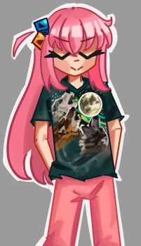 1girl absurdres black_shirt bocchi_the_rock! closed_eyes commentary cube_hair_ornament english_commentary feet_out_of_frame full_moon gotoh_hitori grey_background hair_ornament hands_in_pockets highres long_hair lyskalynn meme moon outline pants pink_hair pink_pants shirt simple_background solo standing t-shirt three_wolf_moon_shirt_(meme) white_outline wolf