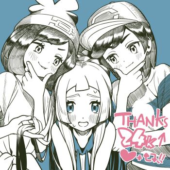 1boy 2girls baseball_cap blush closed_mouth collarbone elio_(pokemon) eyelashes hand_on_own_chin hand_up hat heart highres holding holding_another&#039;s_hair kinocopro lillie_(pokemon) looking_at_another looking_down multiple_girls nintendo open_mouth pokemon pokemon_sm selene_(pokemon) shirt short_sleeves simple_background smile striped_clothes striped_shirt stroking_own_chin sweat t-shirt thank_you