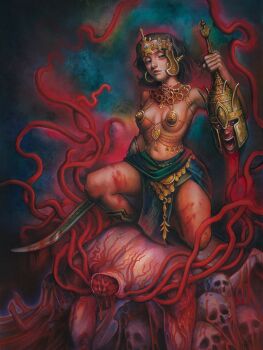 1boy 1girl armor asala bare_shoulders belt bikini_armor black_eyes black_hair blood breasts commentary disembodied_head earrings english_commentary helmet highres holding holding_sword holding_weapon jamanra_the_abomination jewelry loincloth medium_breasts medium_hair navel necklace open_mouth path_of_exile path_of_exile_2 smolsano sword teeth weapon