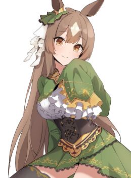 1girl absurdres animal_ears breasts brown_eyes brown_hair commentary_request cowboy_shot dress ear_ornament fast_owl green_dress hair_between_eyes highres horse_ears horse_girl long_hair long_sleeves looking_at_viewer satono_diamond_(natural_brilliance)_(umamusume) satono_diamond_(umamusume) simple_background sleeves_past_fingers sleeves_past_wrists smile solo umamusume white_background