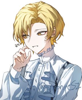 Rule 34 | 1boy, artist name, ascot, blonde hair, finger to cheek, frilled shirt collar, frills, hand up, hashtag-only commentary, high collar, highres, limbus company, long sleeves, looking to the side, male focus, moonpe 3v3, official alternate costume, parted bangs, project moon, puffy long sleeves, puffy sleeves, scratching cheek, shirt, short hair, simple background, sinclair (project moon), smile, solo, suspenders, sweat, sweatdrop, upper body, white ascot, white background, white shirt, yellow eyes