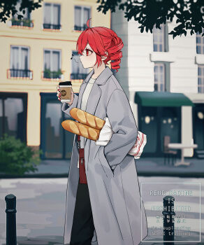 1girl ahoge baguette black_pants blurry blurry_background bread closed_mouth coat commentary_request ctd_114 cup day disposable_coffee_cup disposable_cup drill_hair feet_out_of_frame food from_side grey_coat hair_between_eyes hair_intakes hand_in_pocket highres holding holding_cup kasane_teto long_sleeves nail_polish open_clothes open_coat outdoors pants profile red_hair red_nails short_hair solo standing sweater utau watermark white_sweater