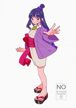 1girl ace_attorney blush_stickers from_side full_body highres jacket japanese_clothes jewelry kimono looking_at_viewer magatama magatama_necklace maya_fey necklace obi okobo pink_sash platform_sandals purple_hair purple_jacket rat_nkmi reaching reaching_towards_viewer sandals sash simple_background solo white_background white_kimono
