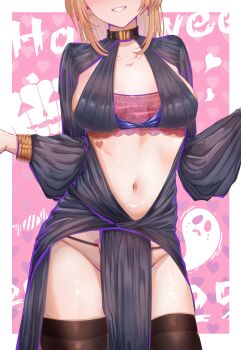 1girl absurdres black_collar blush border bra breasts brown_hair clothing_request collar collarbone facing_viewer head_out_of_frame heart heart_background highres isshiki_iroha kinomtan medium_breasts medium_hair navel outside_border pelvic_curtain pink_background pink_bra solo standing stomach thighs underwear white_border yahari_ore_no_seishun_lovecome_wa_machigatteiru.