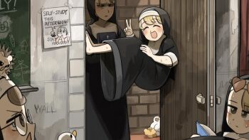 Rule 34 | 4girls, :d, baby animal, barefoot, bespectacled, bible (object), bird, blonde hair, book, brown hair, chalkboard, chicken, clumsy nun (diva), commentary, diva (hyxpk), door, duck, duckling, english commentary, english text, eyewear on head, froggy nun (diva), glasses, heart, heart-shaped eyewear, hedgehog, highres, indoors, little nuns (diva), mole, mole on cheek, multiple girls, nun, open mouth, poster (object), round eyewear, smile, spicy nun (diva), strict nun (diva), sweat, traditional nun, v, yellow eyes