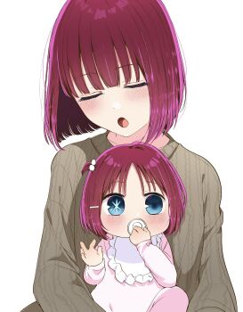 2girls arima_kana blue_eyes blush bob_cut brown_sweater child highres hoshino_aquamarine if_they_mated long_sleeves multiple_girls open_mouth oshi_no_ko red_hair risdelusions short_hair star-shaped_pupils star_(symbol) sweater symbol-shaped_pupils