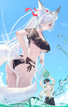 1boy 1girl absurdres adjusting_clothes adjusting_swimsuit animal_ears arms_up ass ball beachball bikini black_bikini black_hair black_swim_trunks blue_eyes breasts commentary_request crop_top earrings floral_print floral_print_shirt fox_ears fox_girl fox_tail from_behind grey_hair hair_intakes hair_ornament hair_over_one_eye hair_ribbon highres jewelry large_breasts long_hair looking_at_viewer looking_back male_swimwear mole_under_breast navel o-ring_bikini_bottom original outdoors parted_lips pink_eyes ponytail print_shirt red_ribbon ribbon sazanami_(re_n_rentaro) shirt short_sleeves sidelocks single_earring sky splashing swim_trunks swimsuit tail underboob very_long_hair wading water watermark white_hair x_hair_ornament