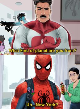 absurdres bodysuit debbie_grayson devovas facial_hair full_mask highres invincible_(character) invincible_(series) mark_grayson marvel mature_male multicolored_bodysuit muscular muscular_male mustache nolan_grayson omni-man red_bodysuit spider-man spider-man_(series) superhero_costume symbiote thick_mustache two-tone_bodysuit venom_(marvel) white_bodysuit yellow_bodysuit