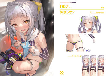 bare_shoulders blush breasts detached_sleeves food grey_hair gun hololive ice_cream loli murasaki_shion navel skindentation small_breasts virtual_youtuber waymay weapon