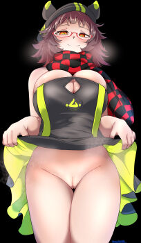 1girl absurdres ankodaihuku arknights bare_shoulders black_background black_dress black_hat black_scarf breasts brown_hair checkered_clothes checkered_scarf cleavage cleft_of_venus closed_mouth clothes_lift commentary_request cowboy_shot deepcolor_(arknights) dress dress_lift glasses green_dress hat highres large_breasts lifting_own_clothes looking_at_viewer no_panties orange_eyes presenting presenting_pussy pussy red-framed_eyewear red_scarf scarf seductive_smile semi-rimless_eyewear short_hair simple_background smile solo split_mouth steaming_body strapless strapless_dress thighs twitter_username two-tone_dress under-rim_eyewear upskirt variant_set