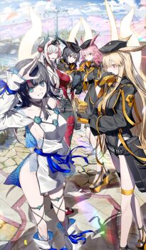5girls :o armor armored_leotard belt beret bird bird_on_hand black_belt black_choker black_gloves black_hair black_hat black_horns black_jacket black_one-piece_swimsuit blonde_hair blue_eyes blue_sash blue_sky boots breasts choker cleavage_cutout clothing_cutout cloud collarbone commentary_request covering_own_mouth criss-cross_halter dress eating fate/grand_order fate_(series) feather_hair food food_request gloves glowing glowing_wings grin hair_between_eyes hairband halterneck hand_on_own_hip hand_over_own_mouth hat hildr_(fate) hildr_(swimsuit_assassin)_(fate) holding holding_food horns jacket kiichi_hogen_(fate) kurogiri leotard long_hair long_sidelocks long_sleeves looking_at_viewer magatama multiple_girls official_art one-piece_swimsuit open_clothes open_jacket open_mouth orange_eyes orange_gloves ortlinde_(fate) ortlinde_(swimsuit_assassin)_(fate) outdoors pelvic_curtain pink_hair pink_streaks platform_sandals pointy_ears pom_pom_(clothes) red_armor red_hairband rope_choker sandals sash shading_eyes sideboob sideless_outfit sidelocks sky smile standing swimsuit teeth thigh_strap third-party_source thrud_(fate) thrud_(swimsuit_assassin)_(fate) two-tone_gloves utsumi_erice utsumi_erice_(lancer) valkyrie_(fate) very_long_hair white_boots white_dress white_hair wings