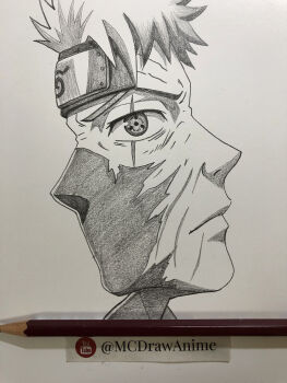 2boys art_tools_in_frame black_hair close-up closed_mouth commentary english_commentary forehead_protector graphite_(medium) greyscale hatake_kakashi highres looking_at_viewer male_focus mask mcdrawanime monochrome multiple_boys naruto_(series) naruto_shippuuden pencil photo_(medium) portrait profile scar scar_on_face sharingan short_hair sketch spiked_hair traditional_media uchiha_obito youtube_logo youtube_username