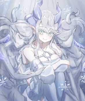 3girls absurdres arianna_the_labrynth_servant arianne_the_labrynth_servant bare_shoulders commentary_request demon_girl demon_horns duel_monster grey_eyes grey_hair highres horns lady_labrynth_of_the_silver_castle lady_labrynth_of_the_silver_castle_(alternate_art) long_hair long_sleeves looking_at_viewer lovely_labrynth_of_the_silver_castle multiple_girls noppe official_alternate_costume official_alternate_hairstyle pointy_ears smile yu-gi-oh!