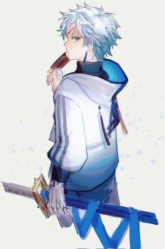 1boy black_pants black_shirt blue_eyes earrings eating fate/grand_order fate_(series) food highres holding holding_food holding_ice_cream holding_sword holding_weapon hood hooded_jacket ice_cream ice_cream_bar jacket jewelry katana looking_at_viewer pants prosthesis prosthetic_arm scar scar_on_face scar_on_forehead sheath sheathed shirt solo sword toudou_heisuke_(fate) triple_vertical_stripe turtleneck weapon white_hair white_jacket yezizizzzz02